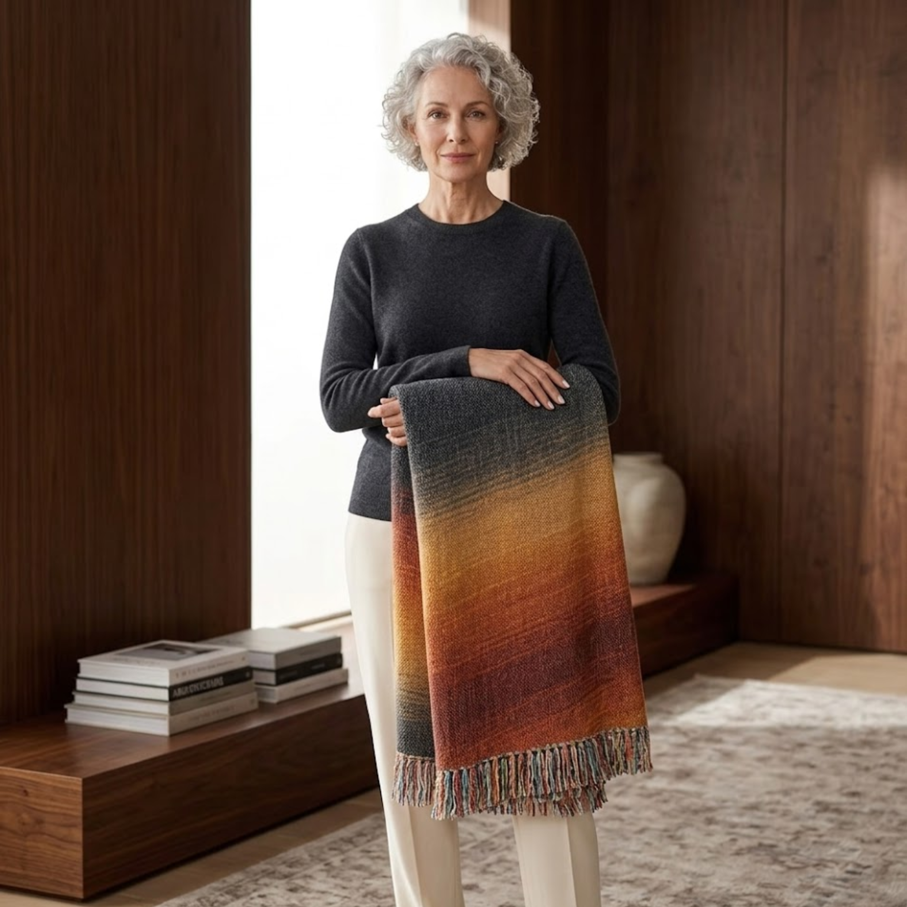 Woman holding Canyon Dusk woven throw indoors showing full size and gradient — cotton jacquard blanket in Southwest palette

