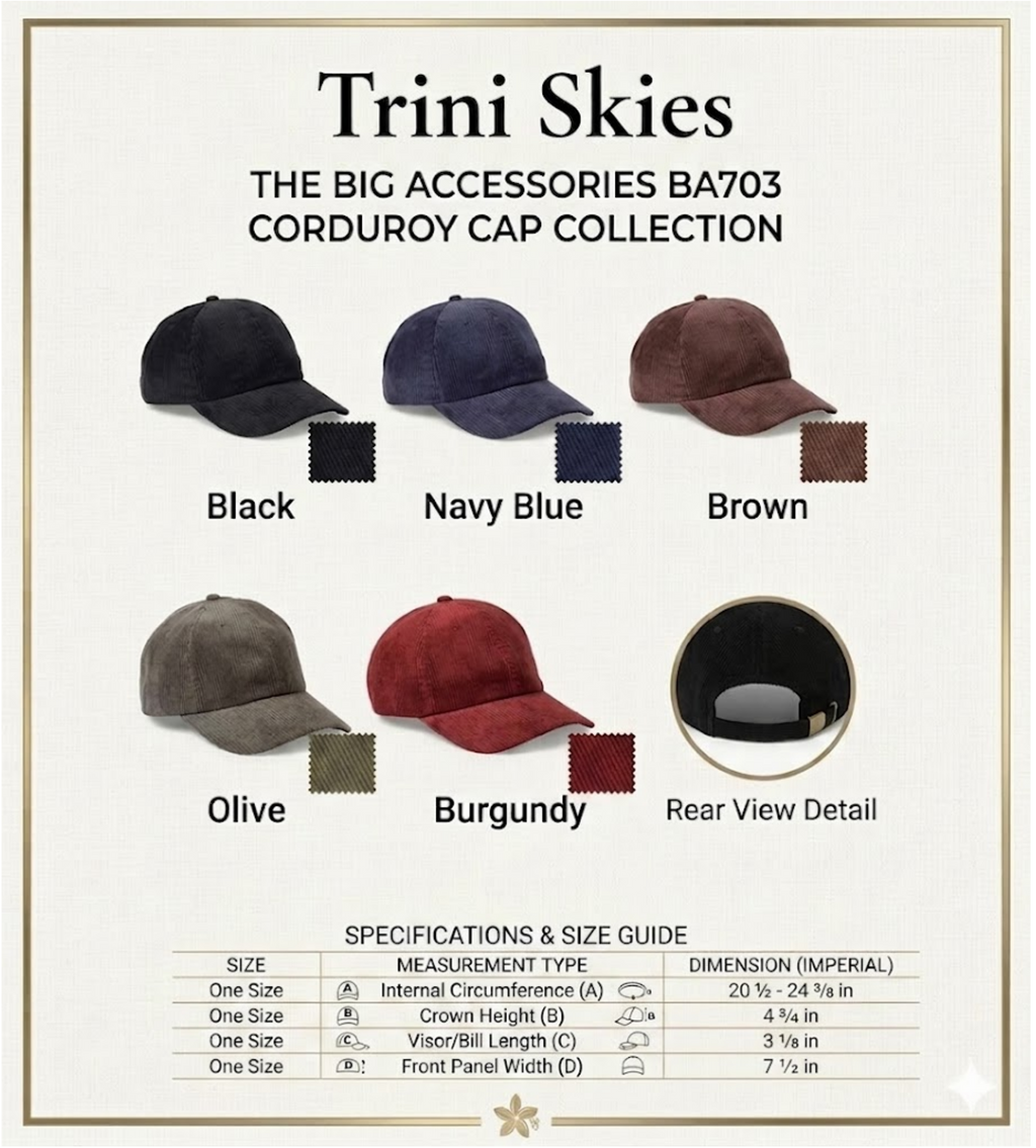 Trini Skies corduroy cap collection with color options and specifications Big Accessories BA703