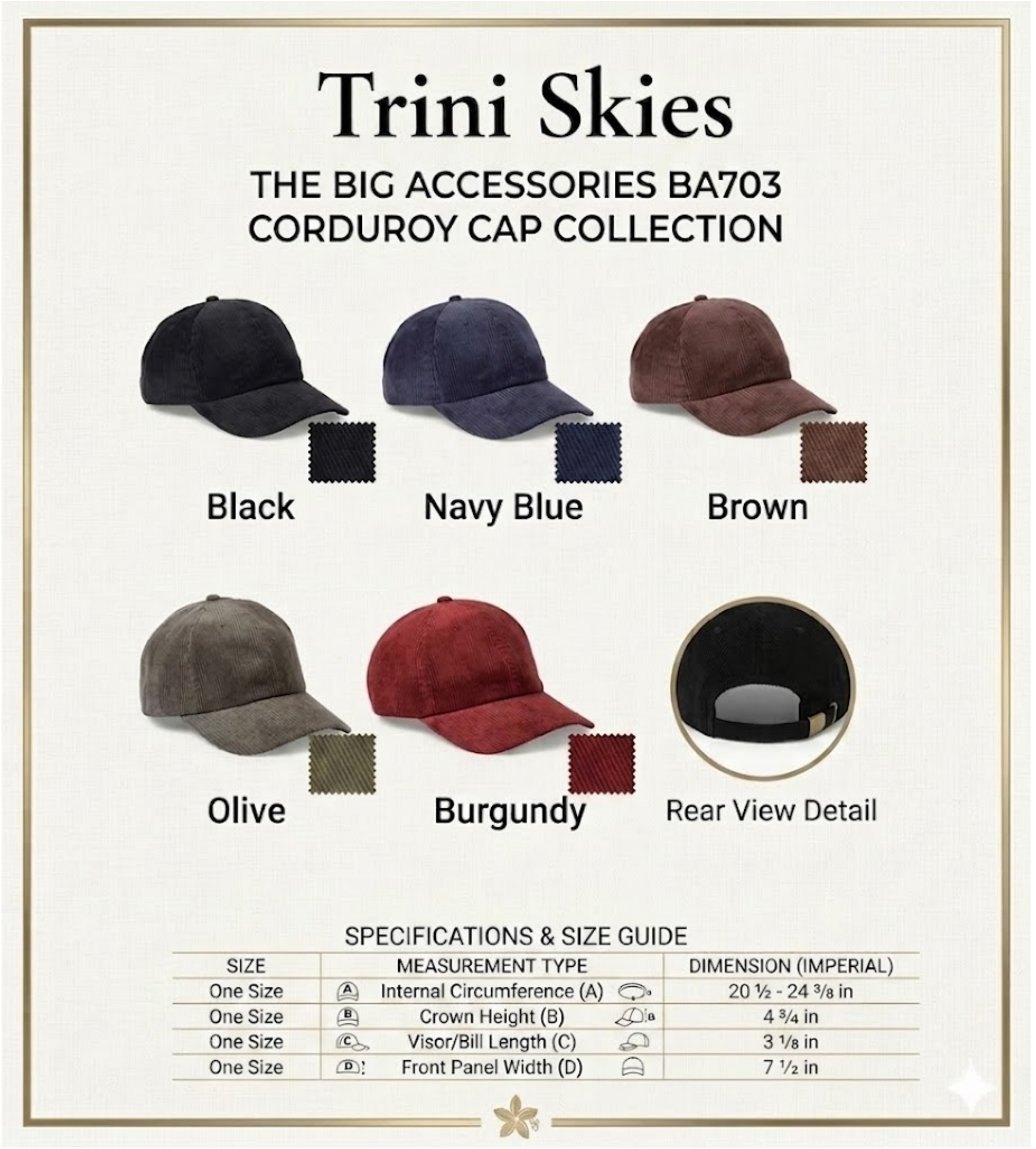 Trini Skies corduroy cap collection with color options and specifications Big Accessories BA703