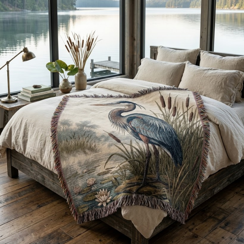 Great blue heron woven tapestry throw blanket draped overbed in waterfront bedroom— wildlife art home decor by Trini Skies