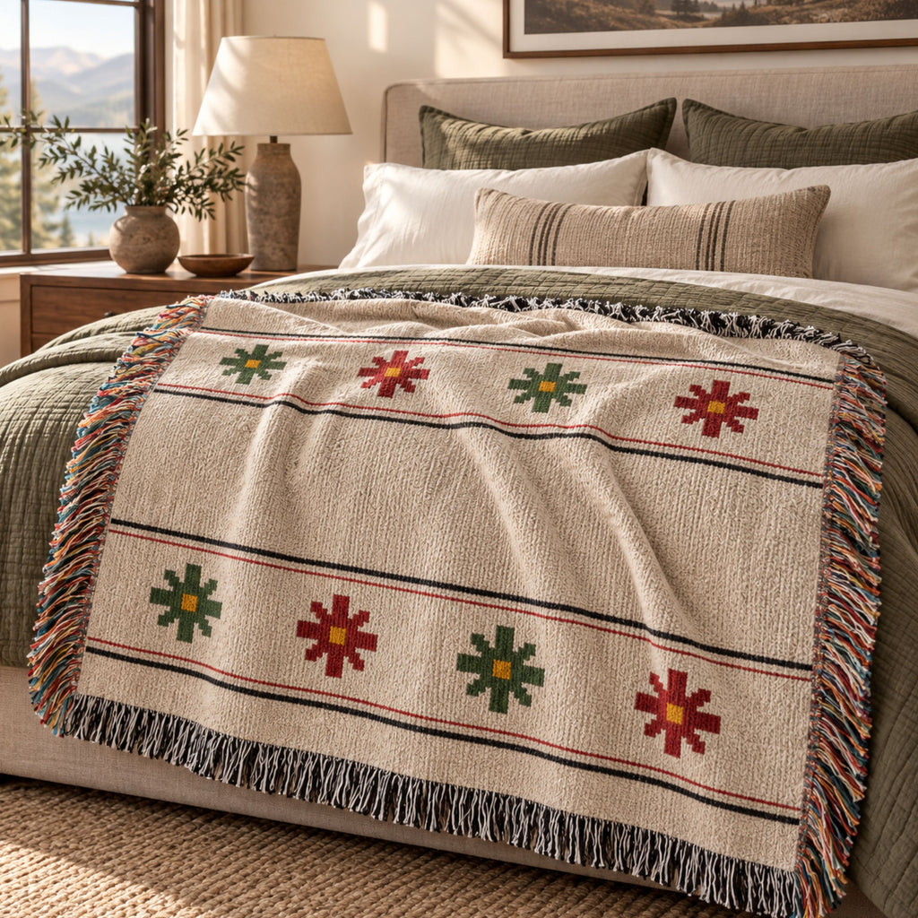 Northstar Ivory Nordic star woven cotton throw blanket folded at the foot of a bed