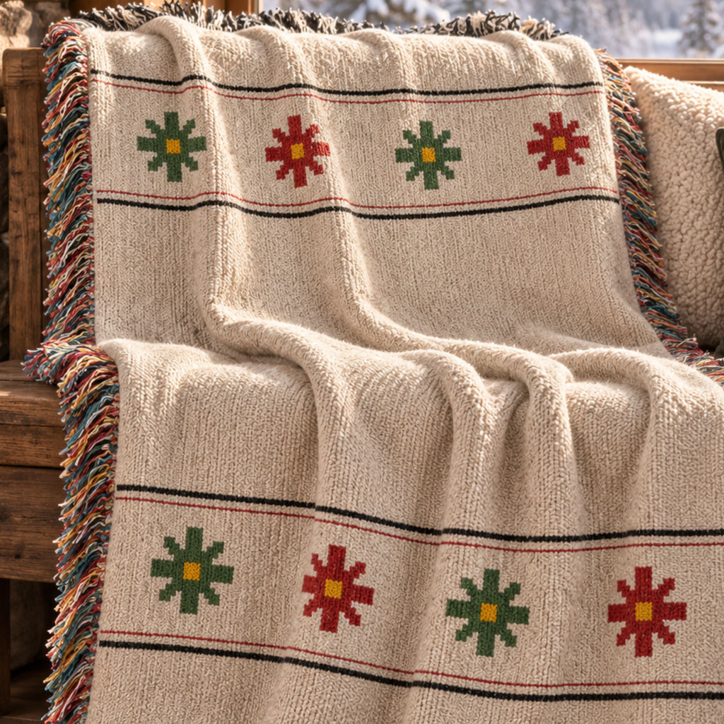 Ivory woven cotton throw blanket with a red, green, and gold Nordic star pattern draped over a wooden bench