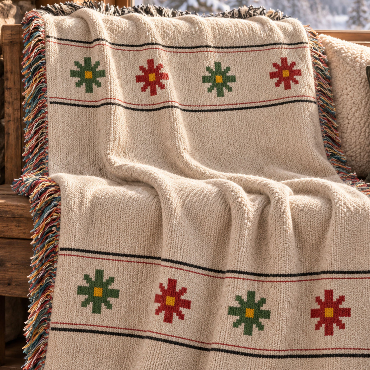 Ivory woven cotton throw blanket with a red, green, and gold Nordic star pattern draped over a wooden bench