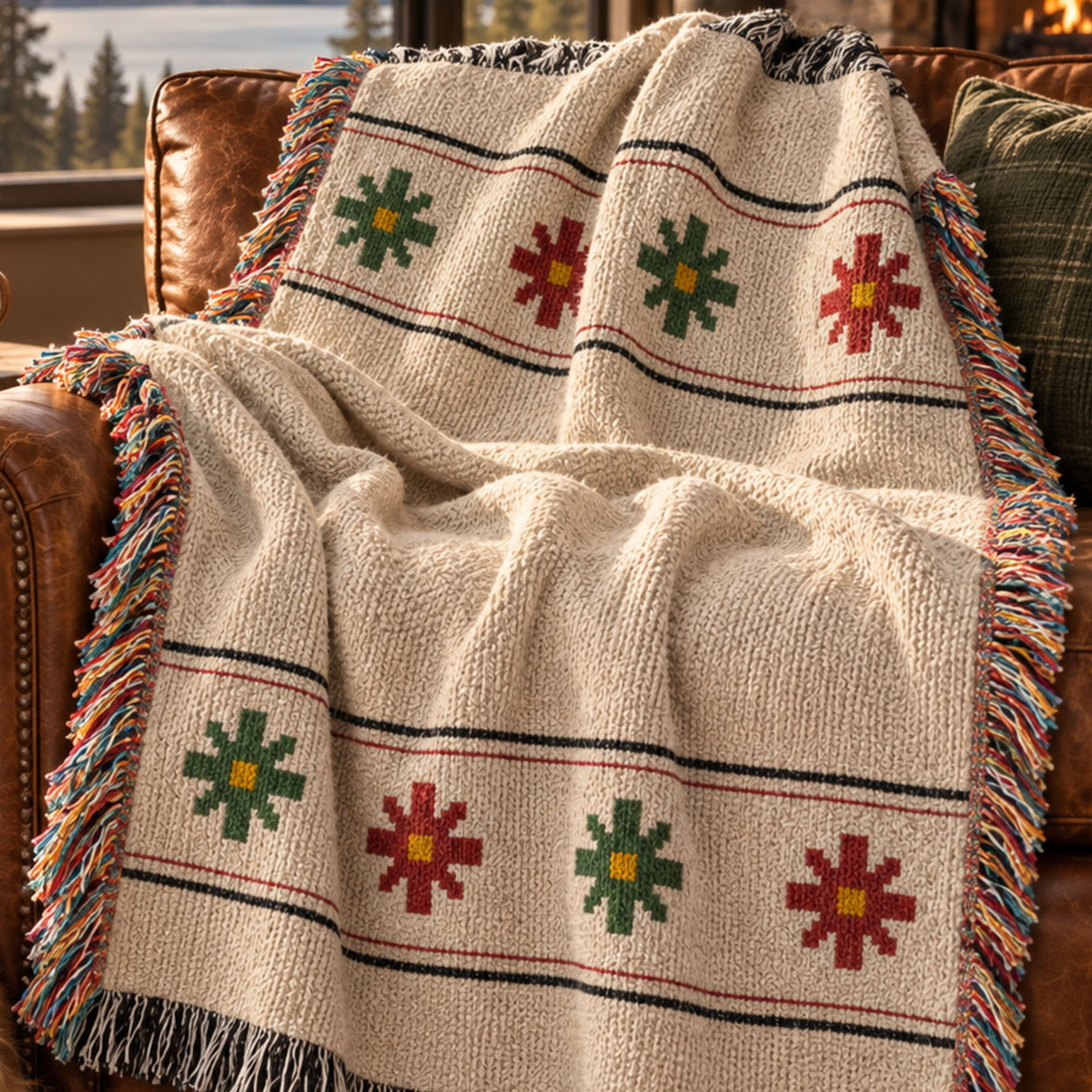 Northstar Ivory Nordic star woven cotton throw blanket with fringe draped over a leather sofa by the fireplace