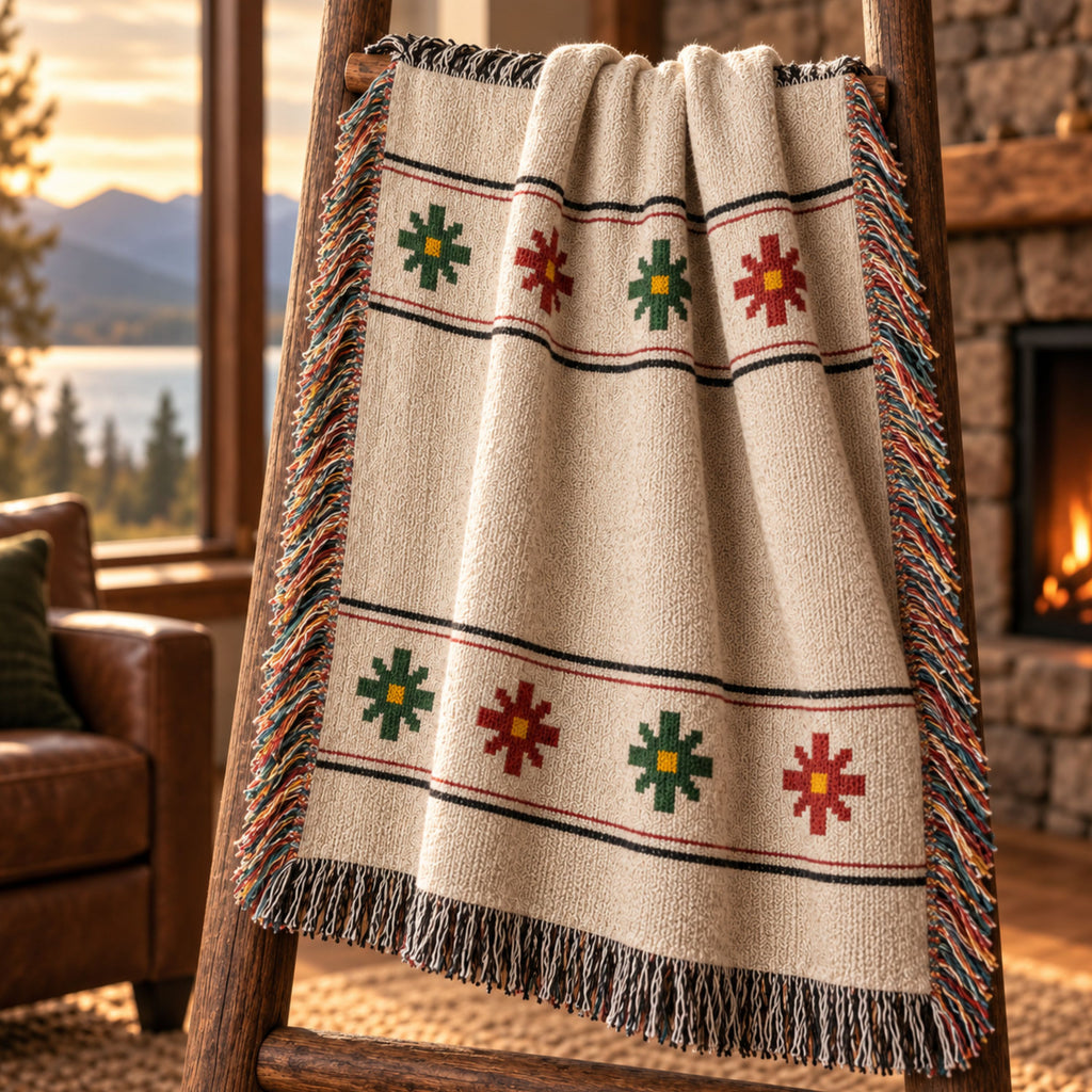 Ivory woven cotton throw blanket with a red, green, and gold Nordic star pattern and multicolor fringe draped over a wooden ladder rack by a window overlooking the lake