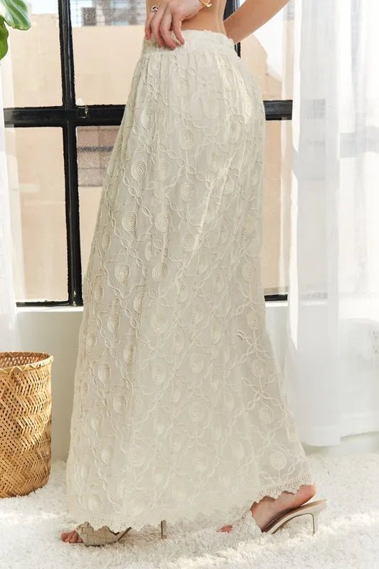 Adora Elastic Waist Applique Cotton Maxi Skirt – Lace Detail, Boho Style - Triniskies