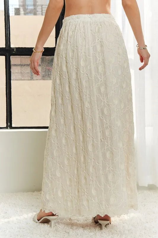 Adora Elastic Waist Applique Cotton Maxi Skirt – Lace Detail, Boho Style - Triniskies