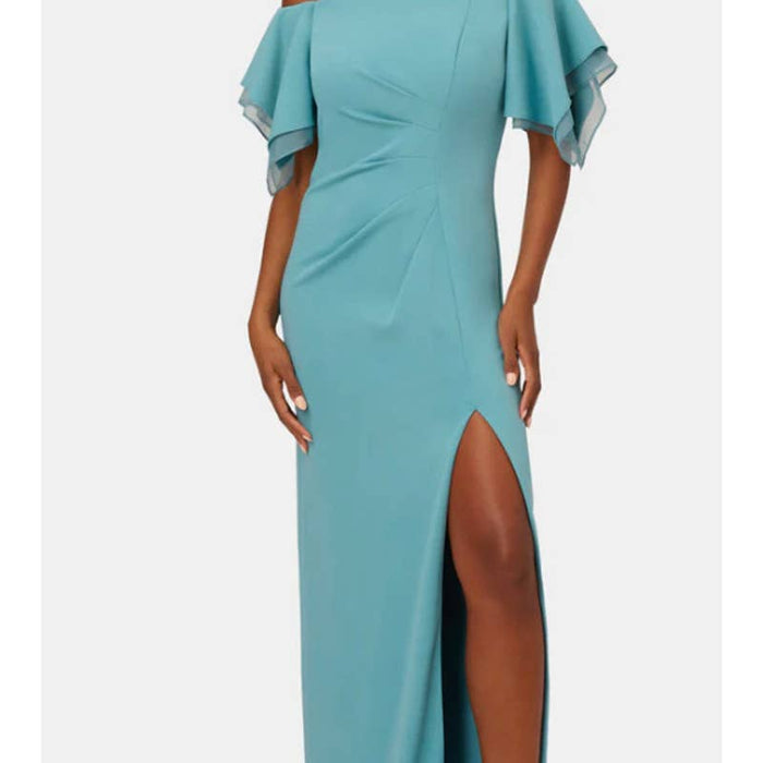 Adrianna Papell ADRIANNA PAPELL Crepe Tiered Teal Sleeve Gown SZ 6