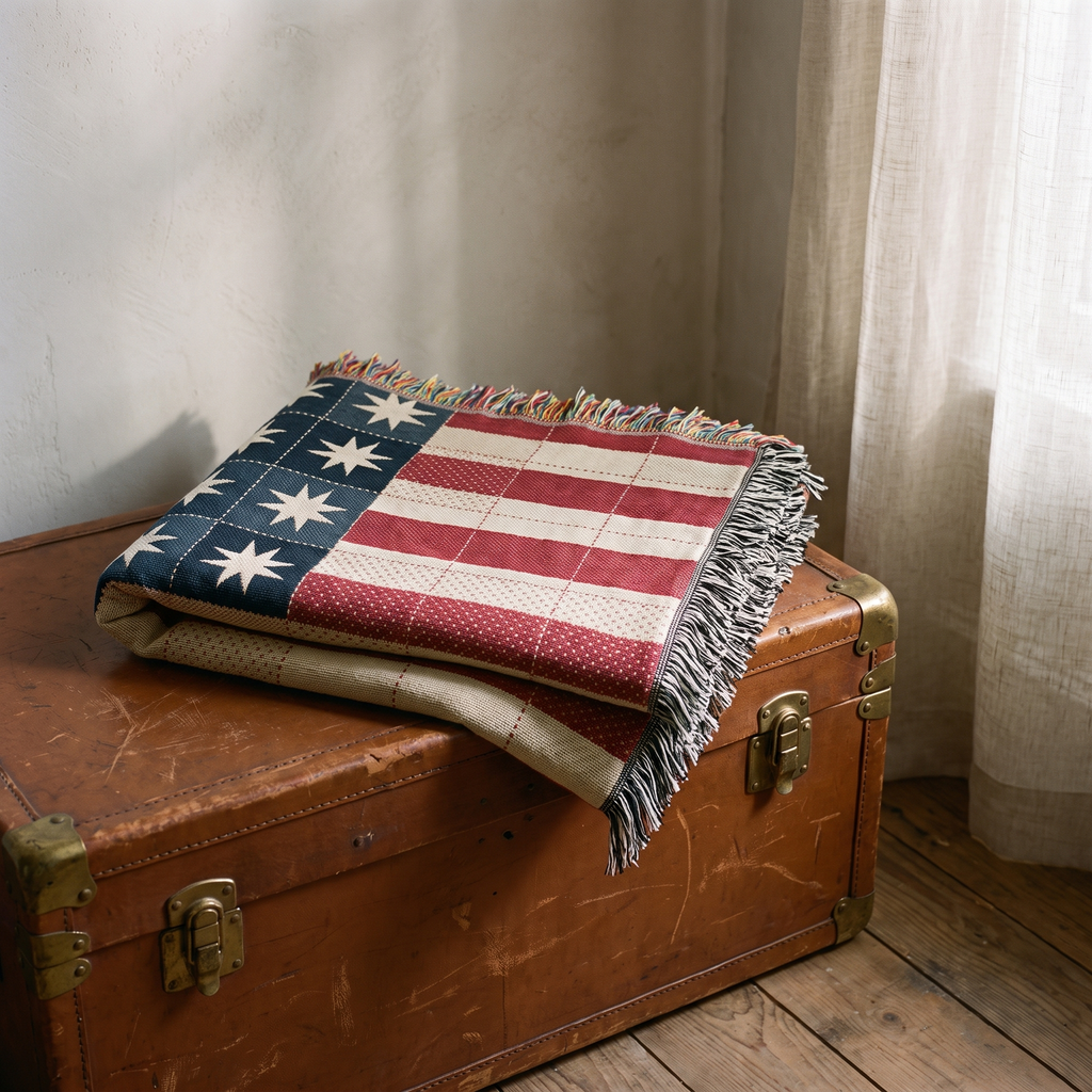 Folded heirloom quilt flag woven cotton throw on a worn leather steamer trunk in soft morning window light