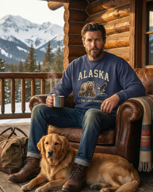 Navy blue Alaska sweatshirt with vintage inspired bear eagle graphic wildlife