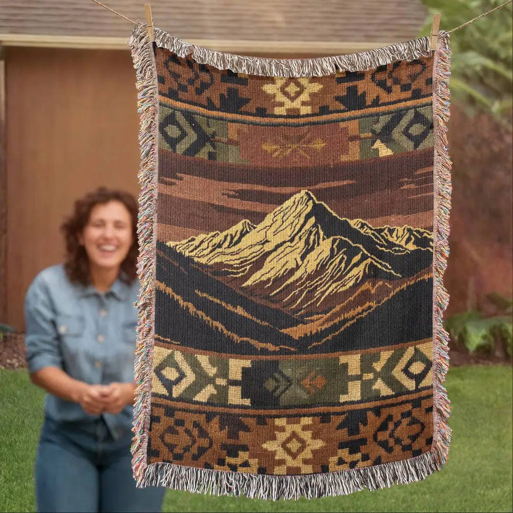 Alpine Peak Woven Blanket: Aspen-inspired mountain tapestry in earthy tones