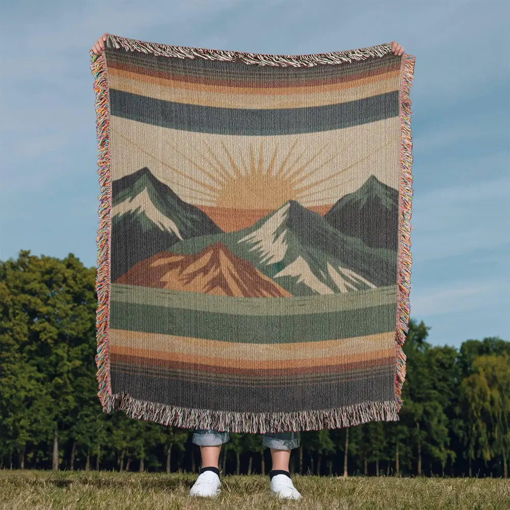 Alpine Sunrise Woven Blanket with mountain landscape travel design