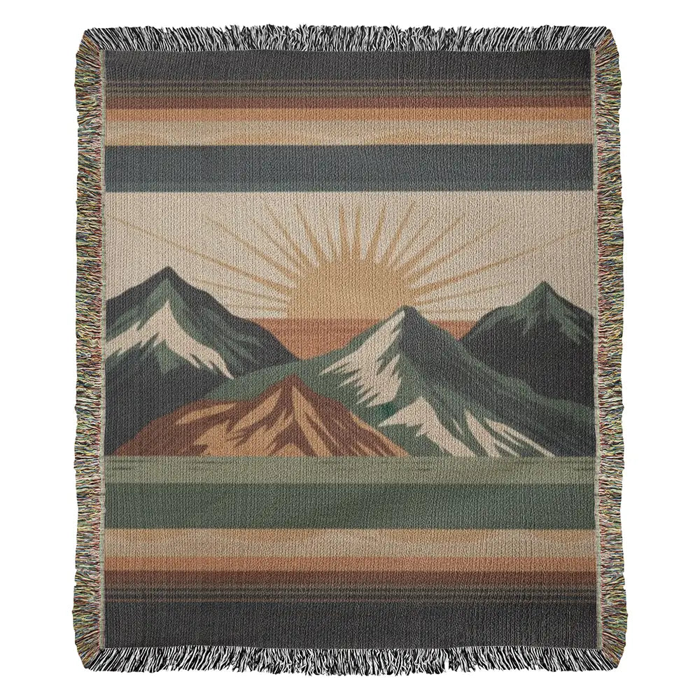 Alpine sunrise woven blanket with mountain landscape travel design