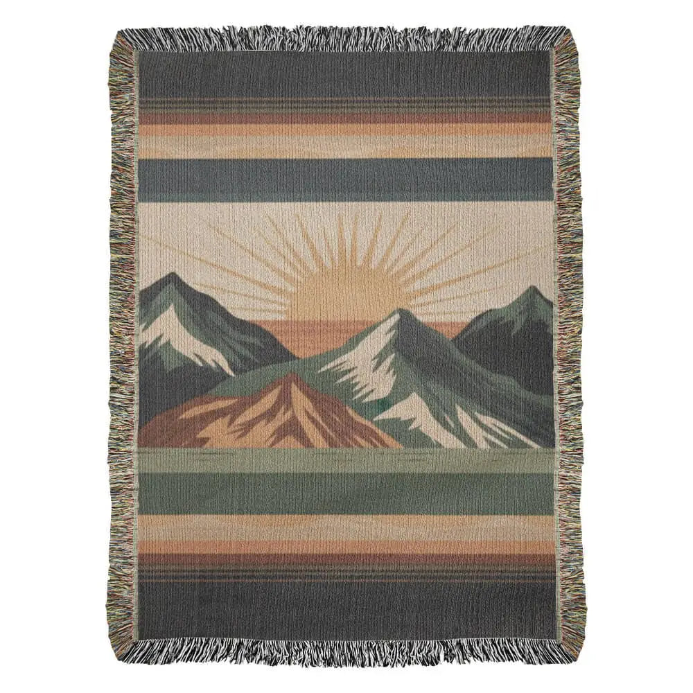 Alpine Sunrise Woven Blanket with mountain landscape travel design
