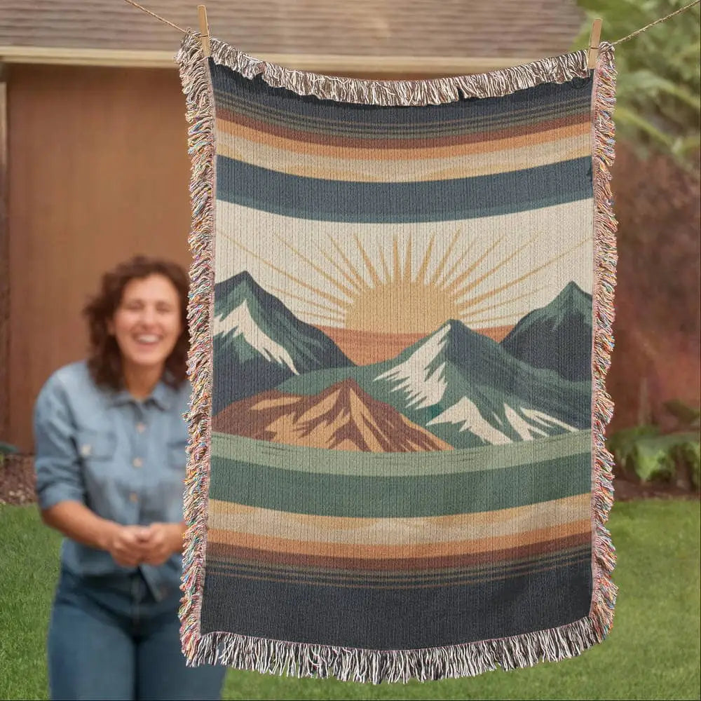 Alpine Sunrise Woven blanket with mountain landscape travel design