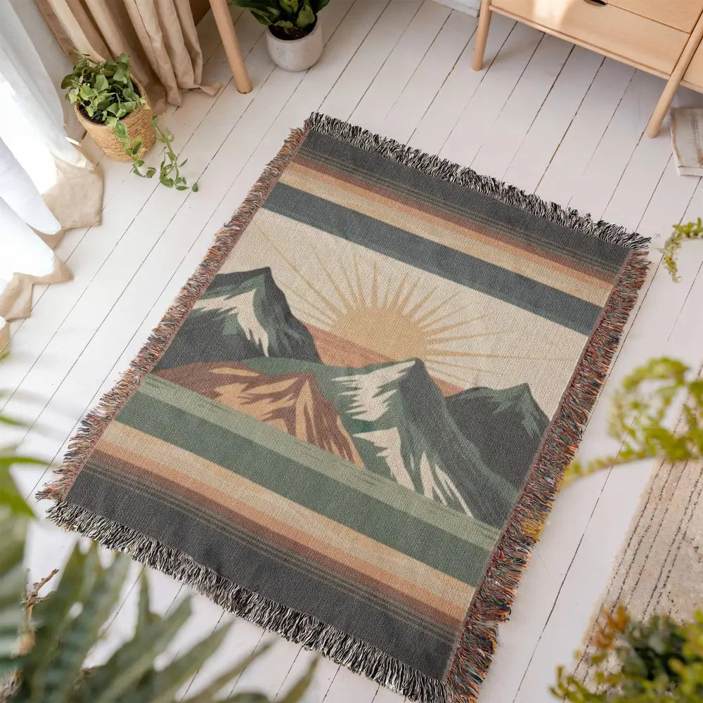 Alpine sunrise woven blanket with mountain landscape travel design