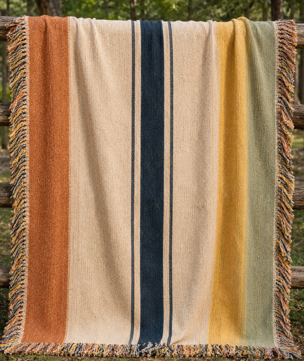 Amalfi Estate stripe woven throw blanket flat lay — warm earth tones in terracotta, gold, ivory, and slate blue, 100% cotton