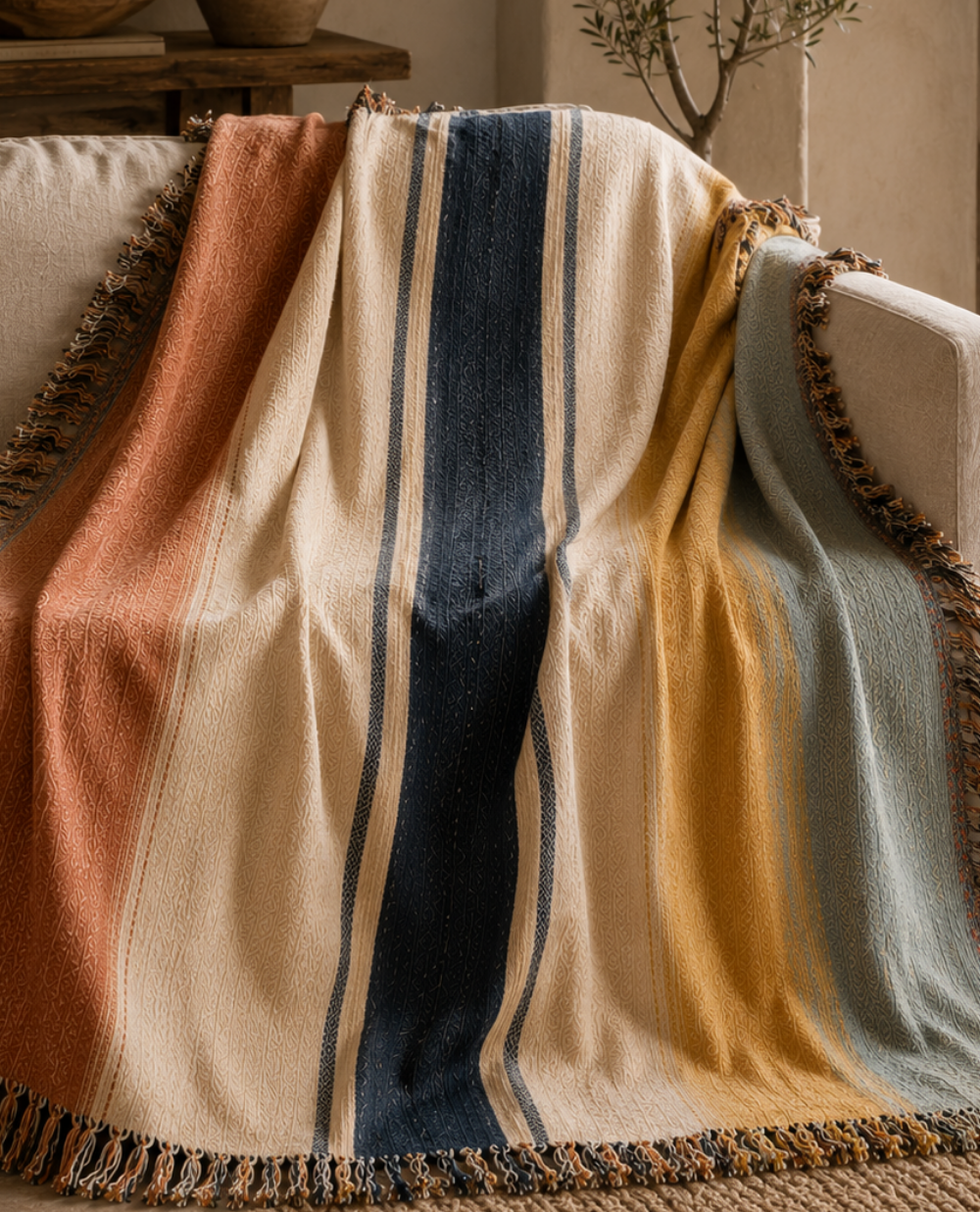 Amalfi Estate woven cotton throw blanket folded detail — multicolor fringe trim, coastal stripe design by Trini Skies