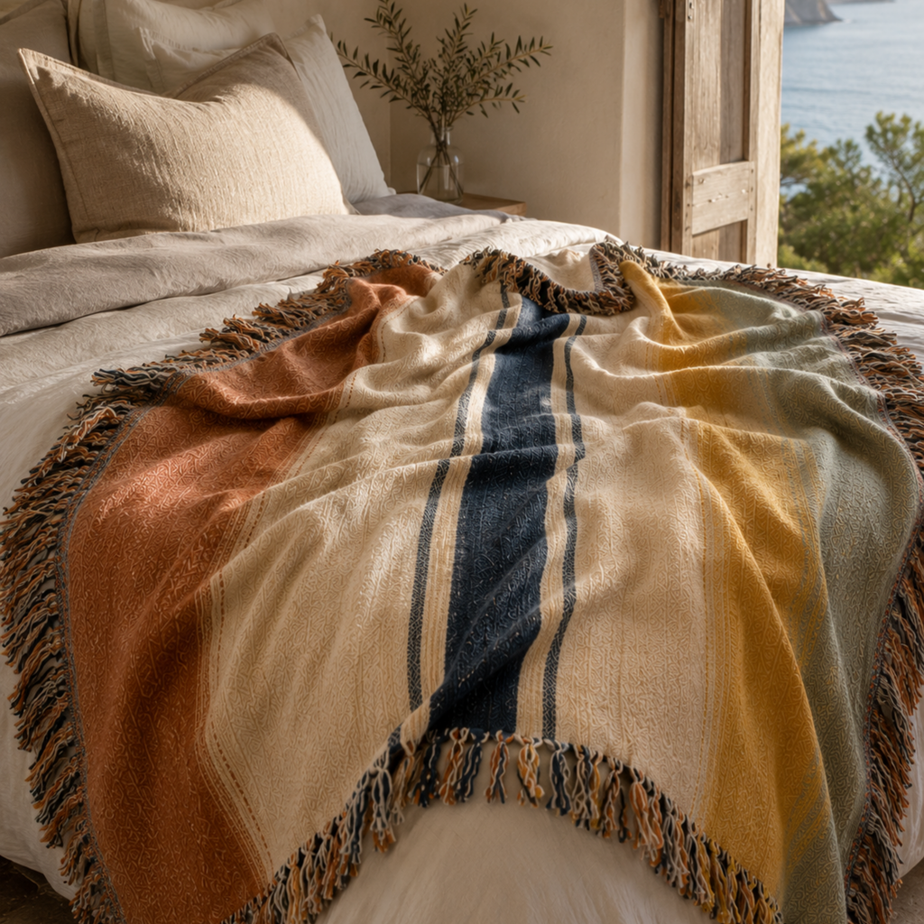 Amalfi Estate woven cotton throw blanket styled on a bed — terracotta and slate stripe with multicolor fringe, Trini Skies