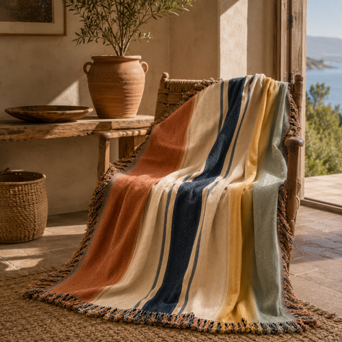 Amalfi Estate woven cotton throw blanket draped over a chair — terracotta, gold, slate blue, and ivory stripe with multicolor fringe