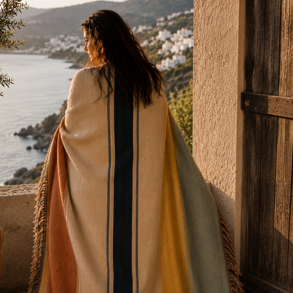 Woman wrapped in the Amalfi Estate woven throw blanket with coastal view — 100% cotton stripe blanket by Trini Skies