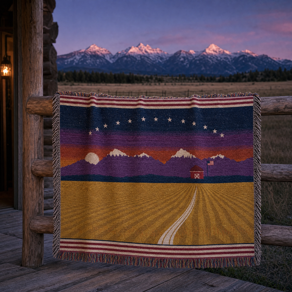 Amber Waves mountain sunset woven throw over a log ranch porch rail at blue hour, real peaks in alpenglow