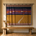 Amber Waves America the Beautiful woven tapestry hung from an iron rod above a pine bench in a farmhouse