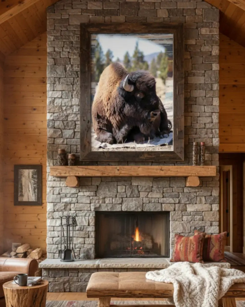 Rustic american bison wall art print of bison in snowy landscape