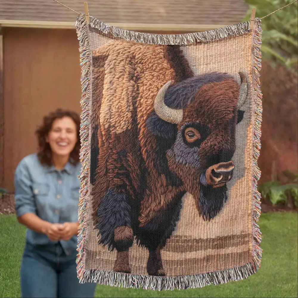 Detailed American Bison Woven Blanket Wildlife Throw for Nature Lovers