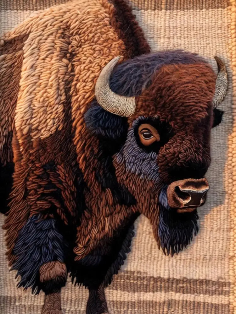 Detailed textured woolen American bison woven in rustic striped tapestry blanket nature lover wildlife throw