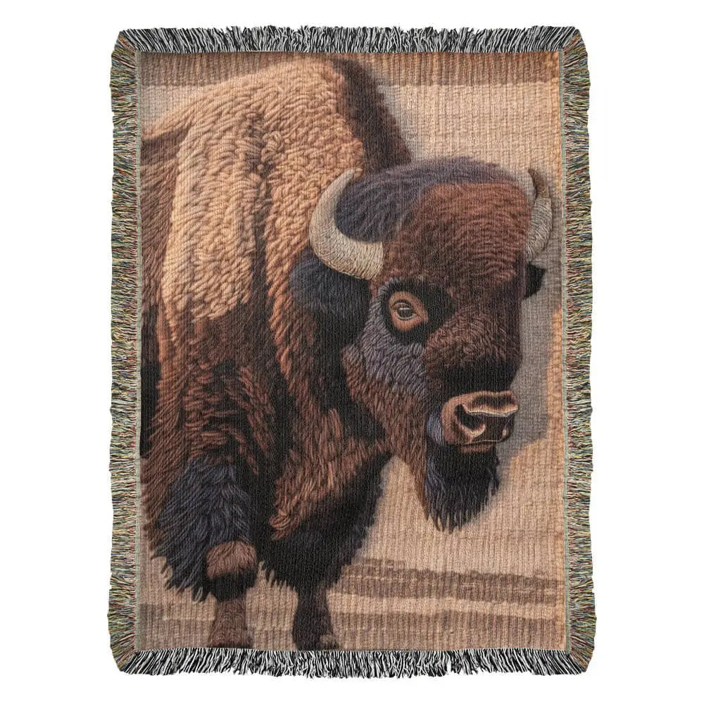 American bison woven blanket with detailed brown black bison and white horns