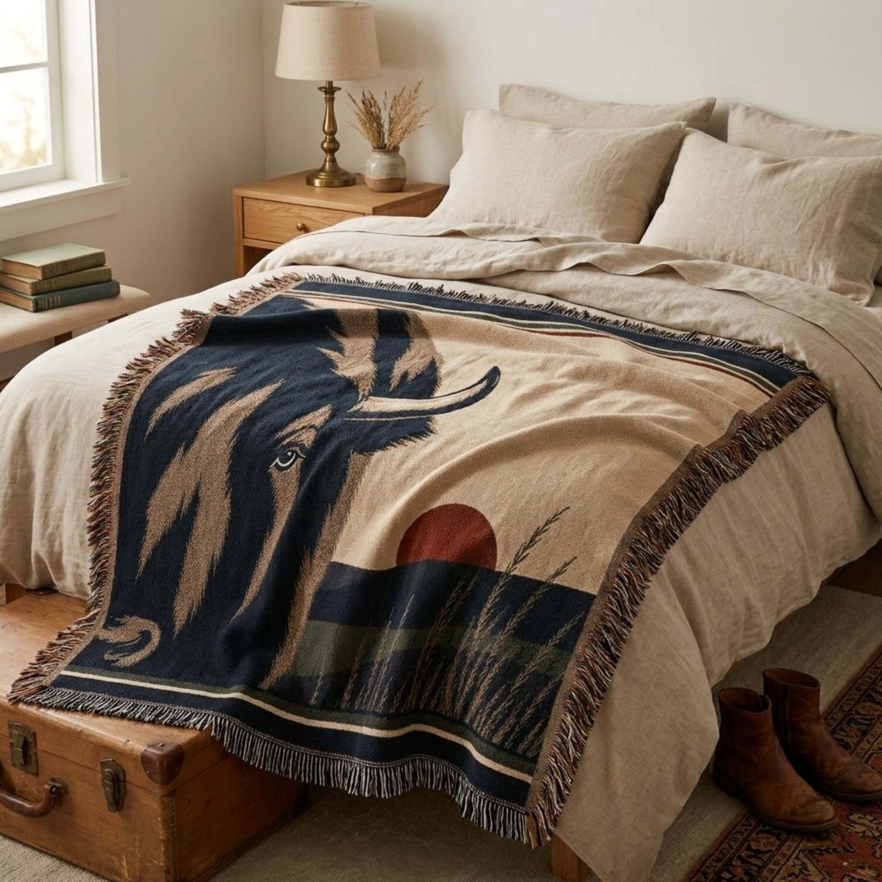 The Watchman woven cotton throw folded on a bed, bison heritage motif with sunset horizon — Trini Skies