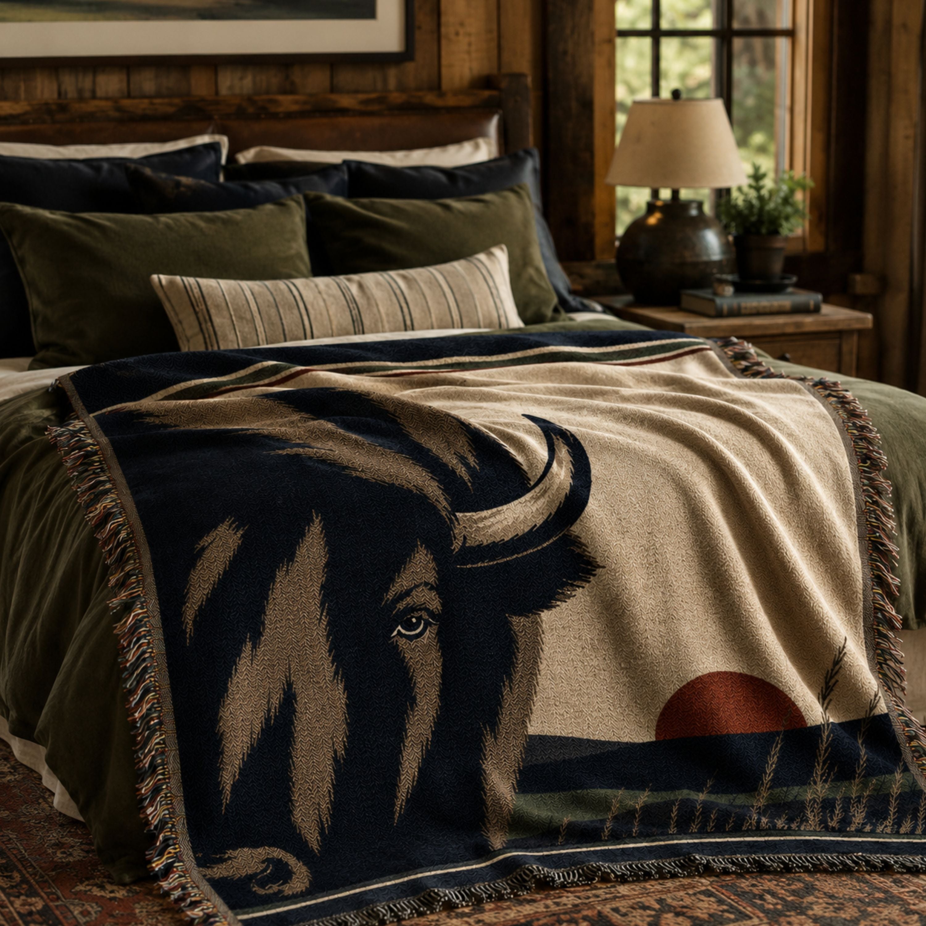The Watchman bison woven cotton throw blanket draped on a bed in a bright coastal-lodge bedroom, navy and ivory heritage design with prairie sunset — Trini Skies