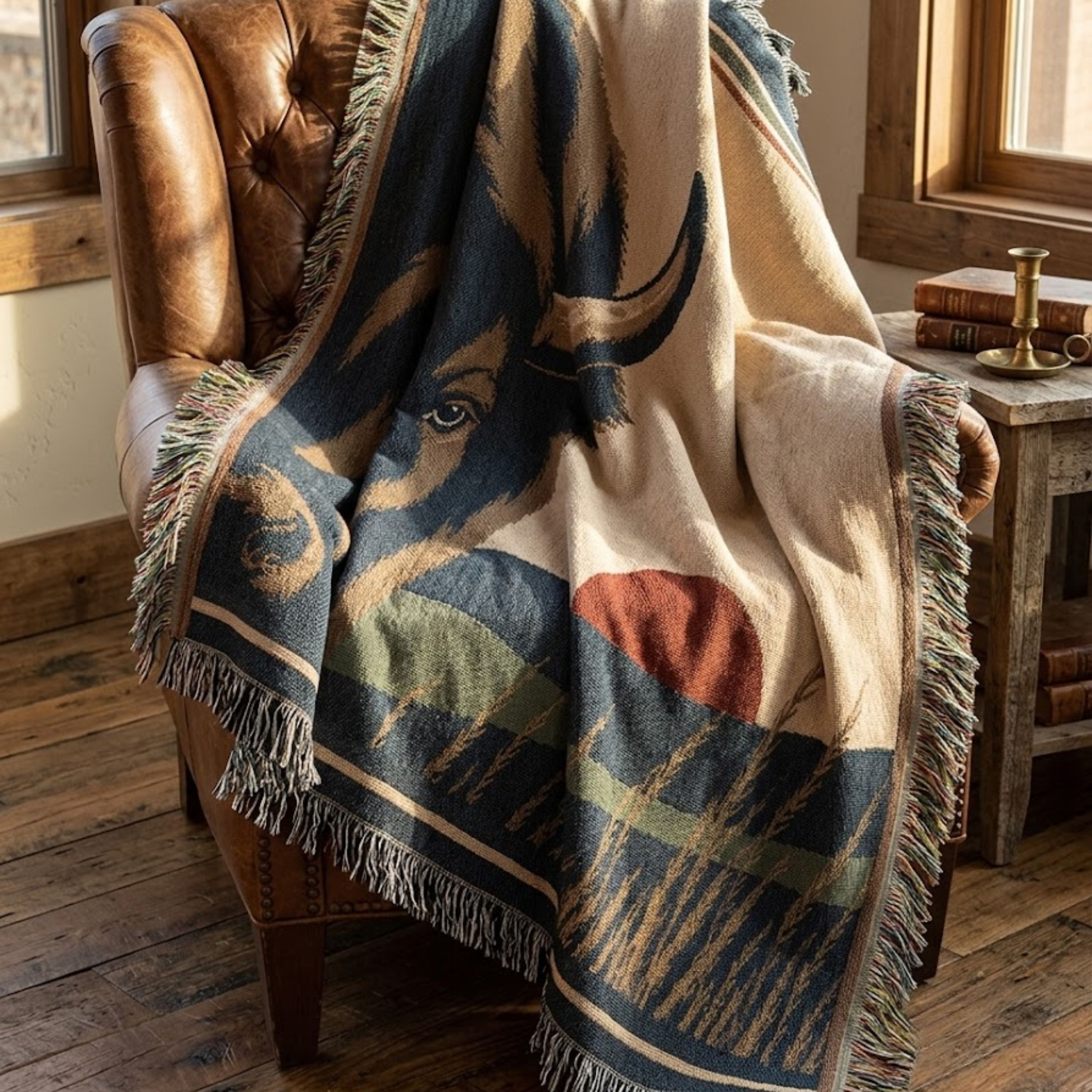 The Watchman woven throw blanket styled over a chair, bison graphic mark in deep navy against warm ivory — Trini Skies