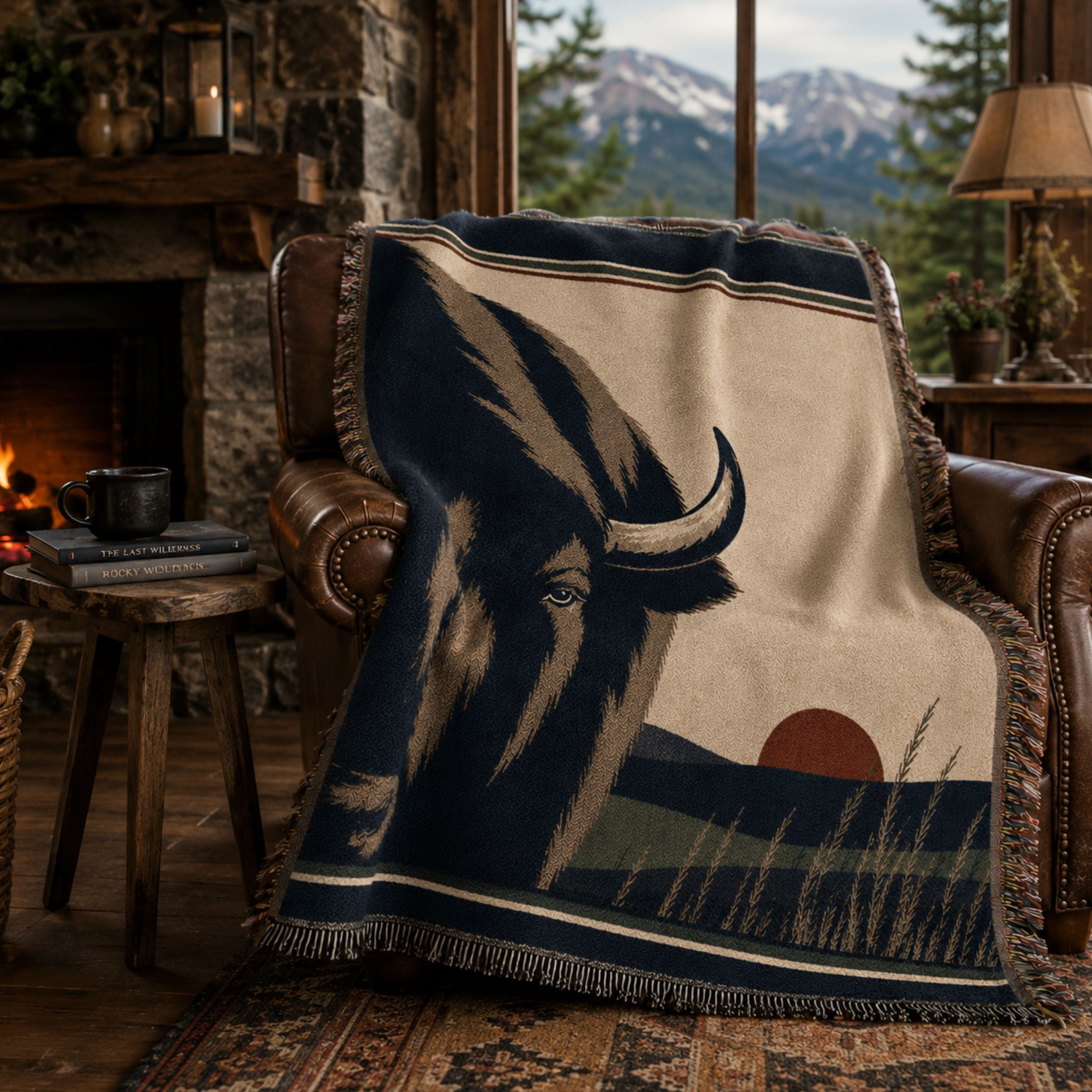 The Watchman woven throw draped over a leather chair in a mountain cabin setting, navy bison design with warm fireside lighting — Trini Skies