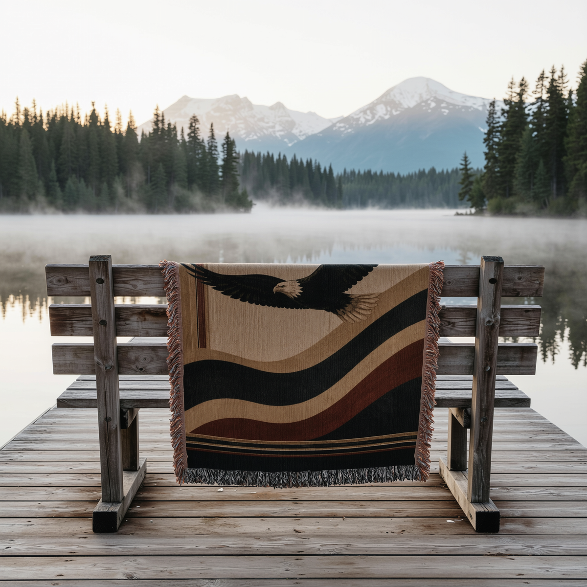 American eagle woven cotton throw over a weathered bench on a misty Alaska river dock at dawn below snowy peaks