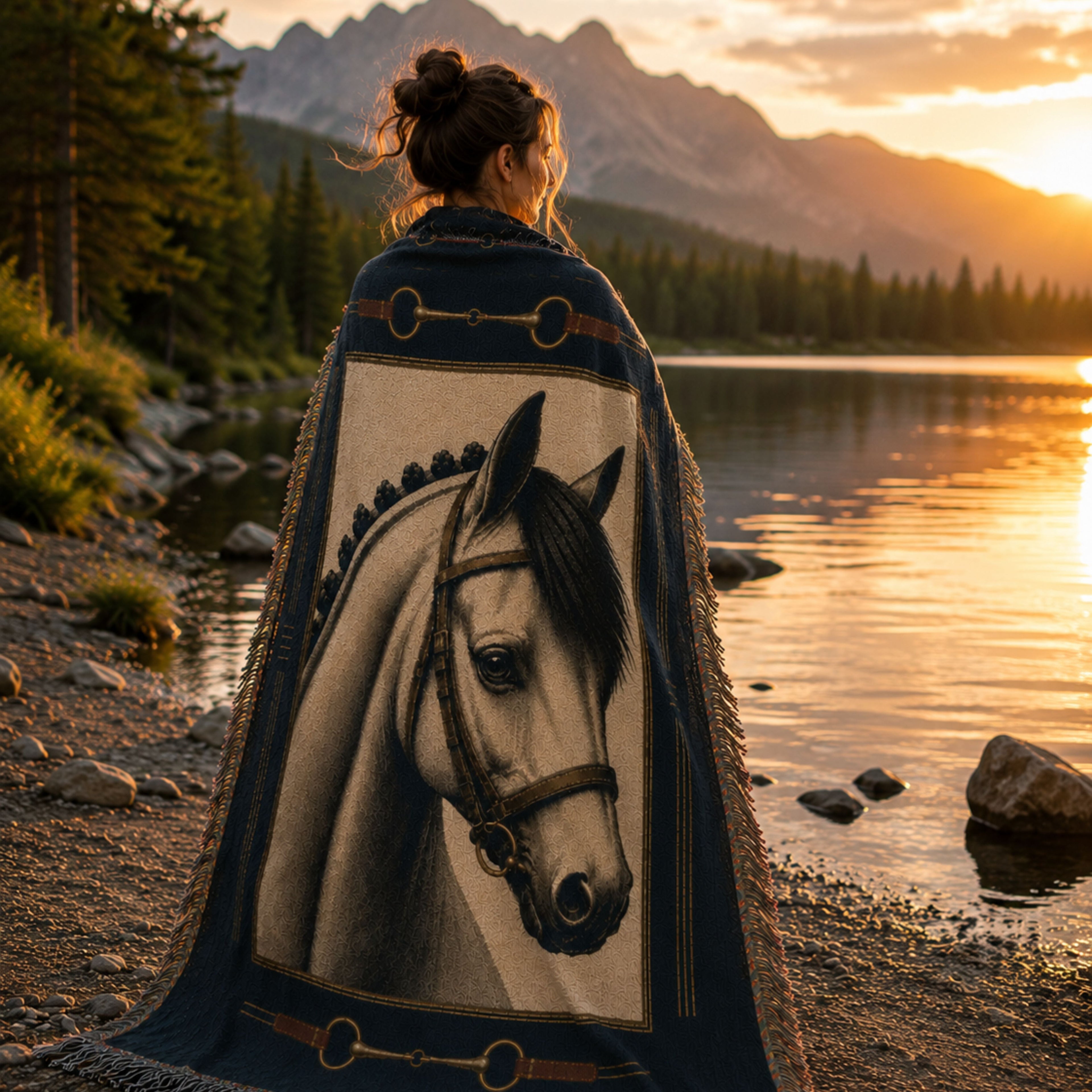 Bridle Path woven cotton throw blanket at a mountain lake at sunset, hand-illustrated horse portrait in navy and parchment with brass snaffle bit border — Trini Skies