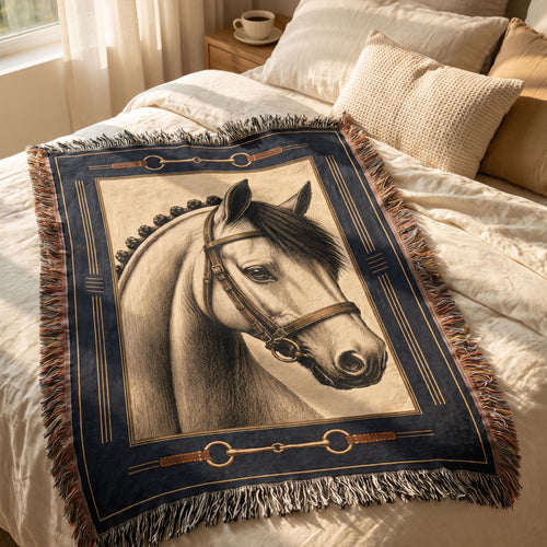 Bridle Path woven cotton throw blanket laid across the foot of a sunlit bed with warm linen bedding, showing the full navy and parchment horse portrait and snaffle bit border — Trini Skies