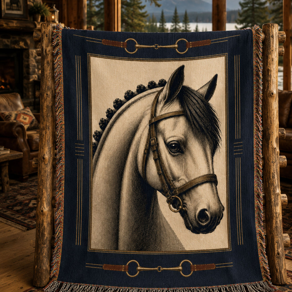 Bridle Path woven cotton throw blanket styled in a cozy cabin interior, navy and parchment horse portrait with snaffle bit motif border, 100% cotton woven not printed — Trini Skies