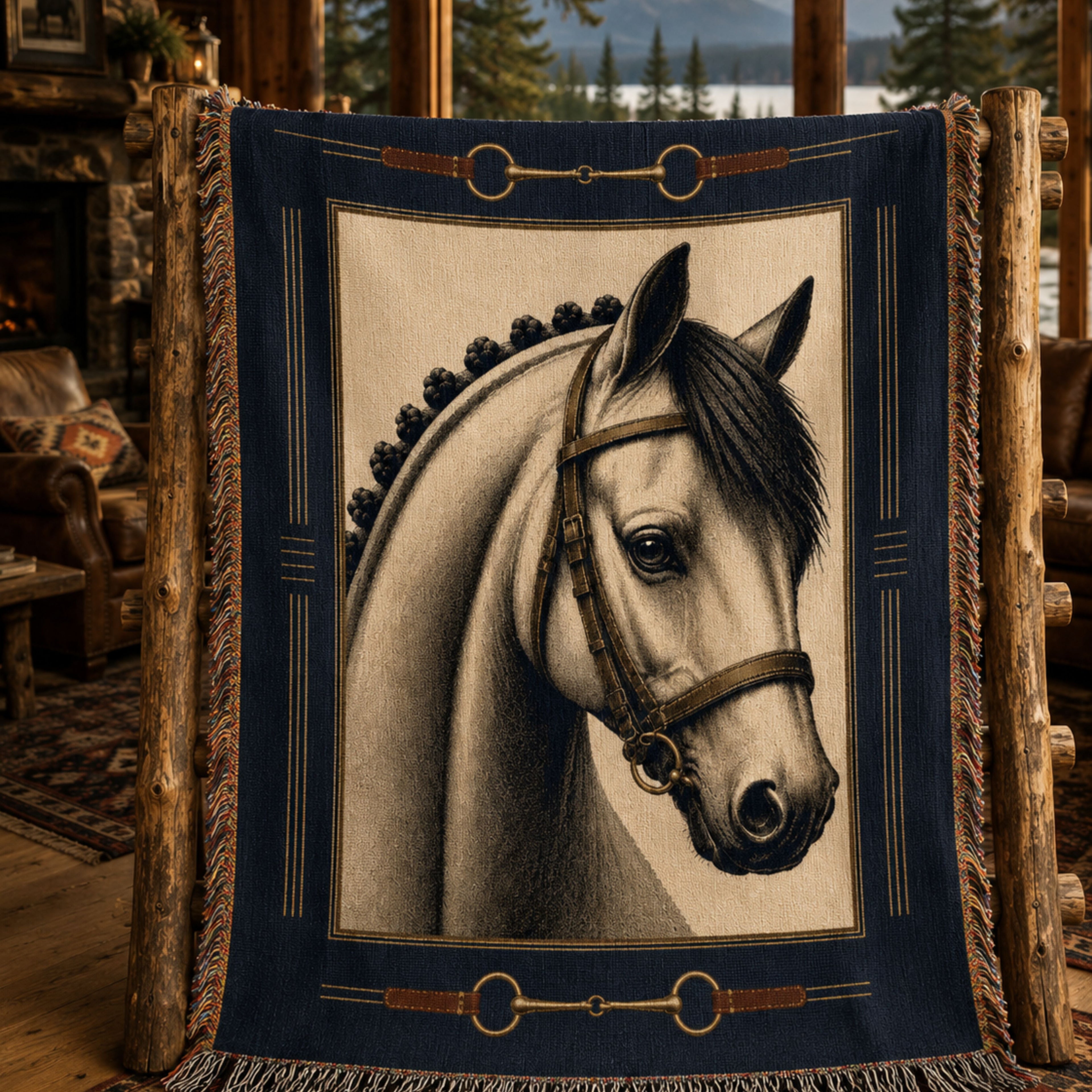 Bridle Path woven cotton throw blanket styled in a cozy cabin interior, navy and parchment horse portrait with snaffle bit motif border, 100% cotton woven not printed — Trini Skies