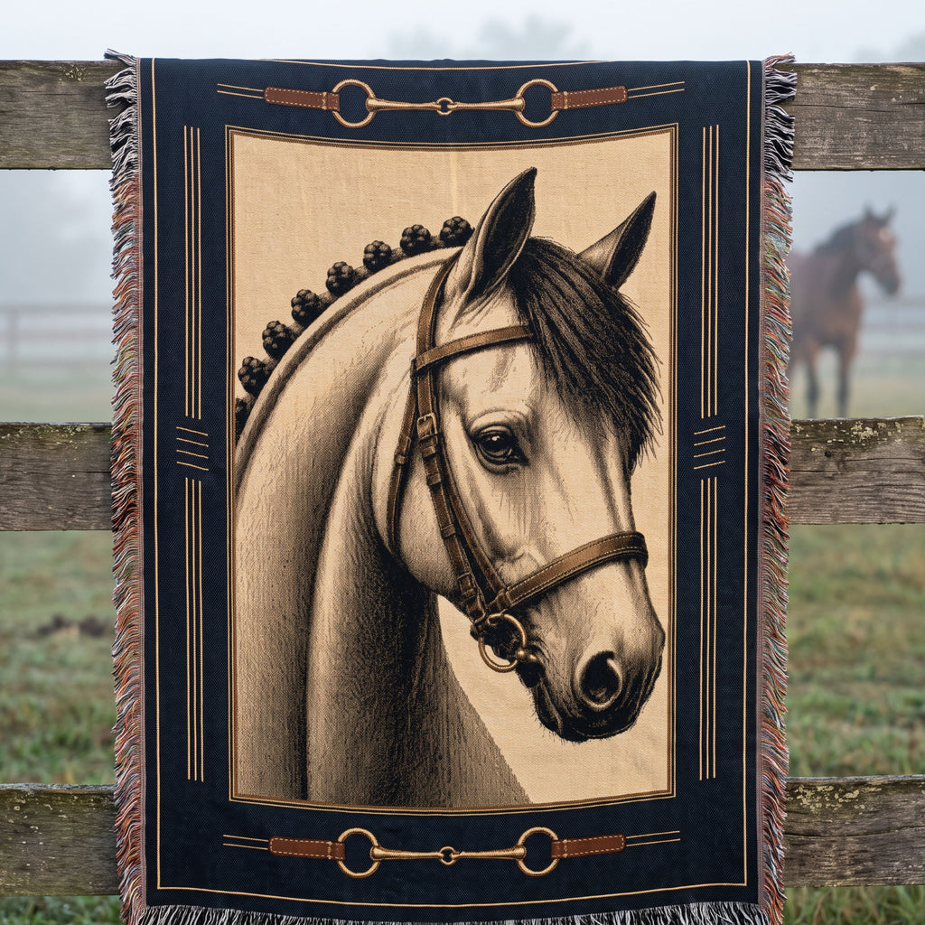 Bridle Path woven cotton throw blanket draped over a weathered stable fence rail at misty dawn, a horse visible in the paddock beyond — Trini Skies