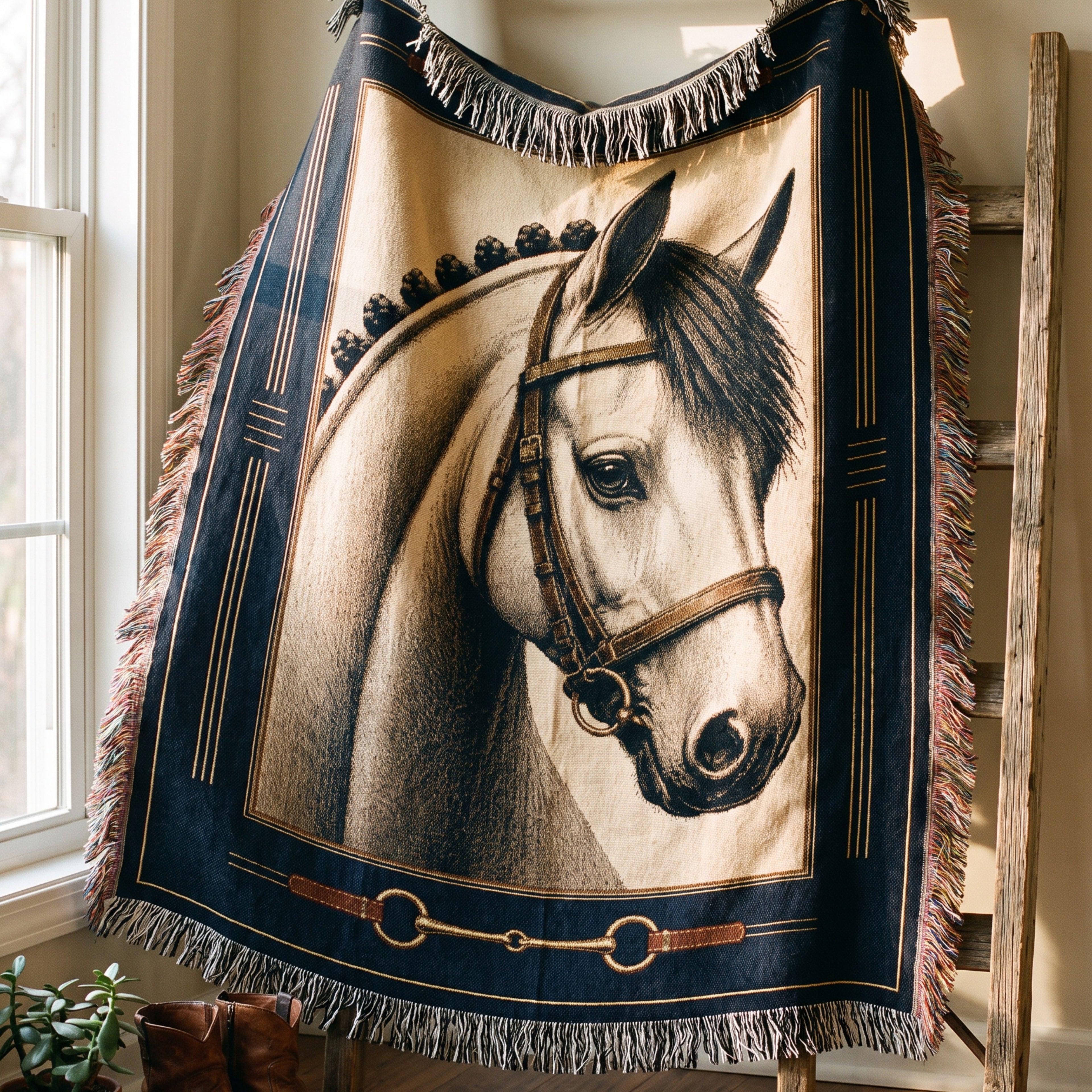 Bridle Path woven cotton throw blanket draped over a rustic wooden blanket ladder in a sunlit home corner, navy and parchment horse portrait with brass snaffle bit motif border — Trini Skies
