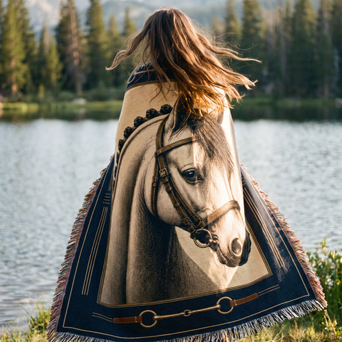 Woman wrapped in the Bridle Path woven cotton throw blanket, navy and parchment horse portrait with snaffle bit motif, seated lakeside at golden hour — multicolor fringe on both long sides, black-and-white fringe top and bottom — Trini Skies
