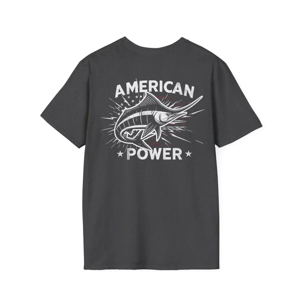 Dark gray American Power Marlin fish t-shirt with sportfishing graphic