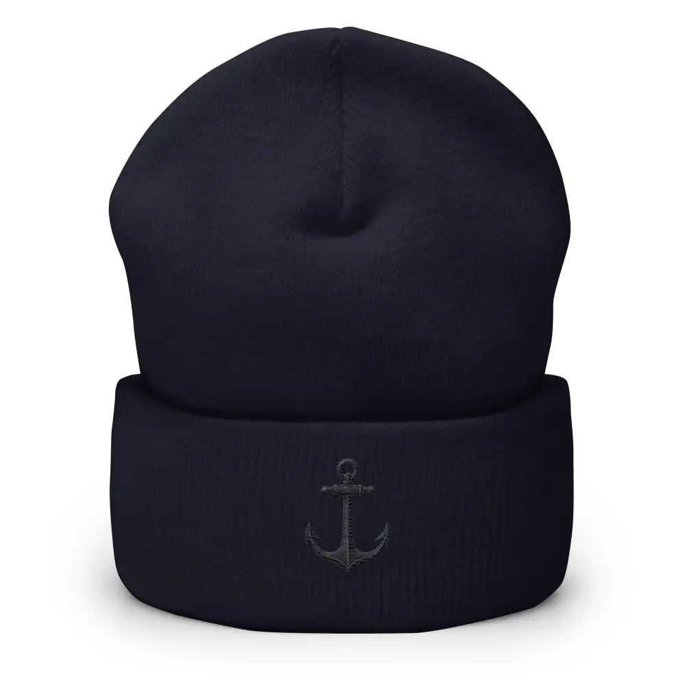 Dark blue knit anchor embroidered beanie with detailed anchor design