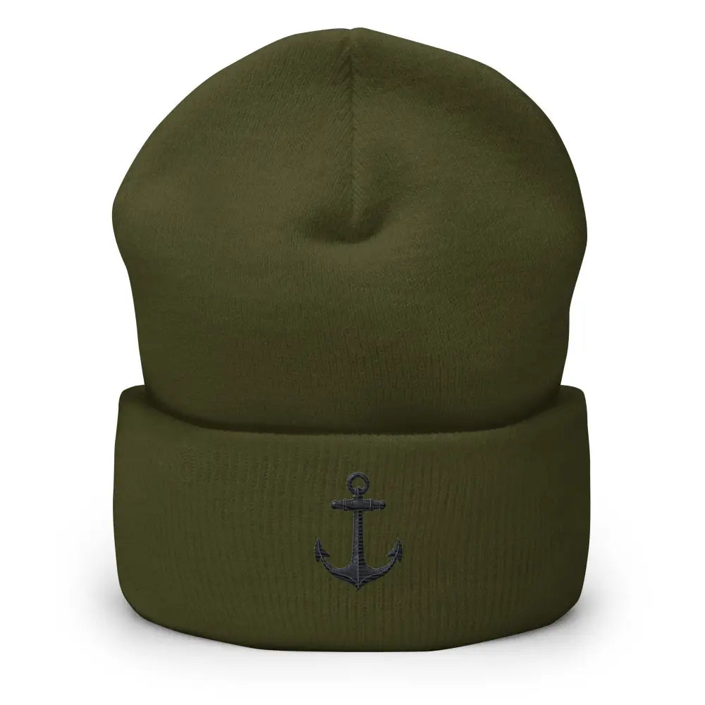 Olive green anchor embroidered beanie with detailed anchor design