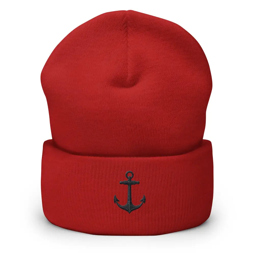 Red anchor embroidered beanie with detailed anchor design
