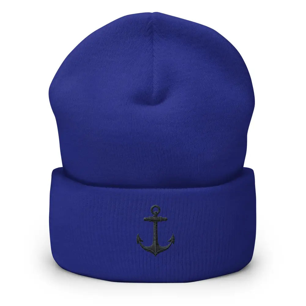 Royal blue anchor embroidered beanie with detailed anchor design