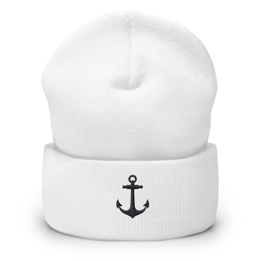 White anchor embroidered beanie with detailed anchor design