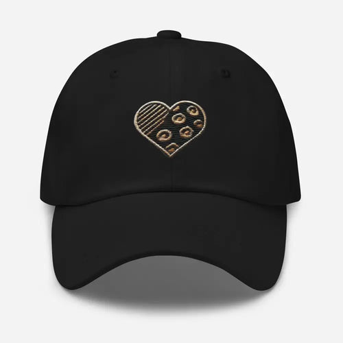 Black animal print embroidered heart dad hat front view – leopard print cotton cap